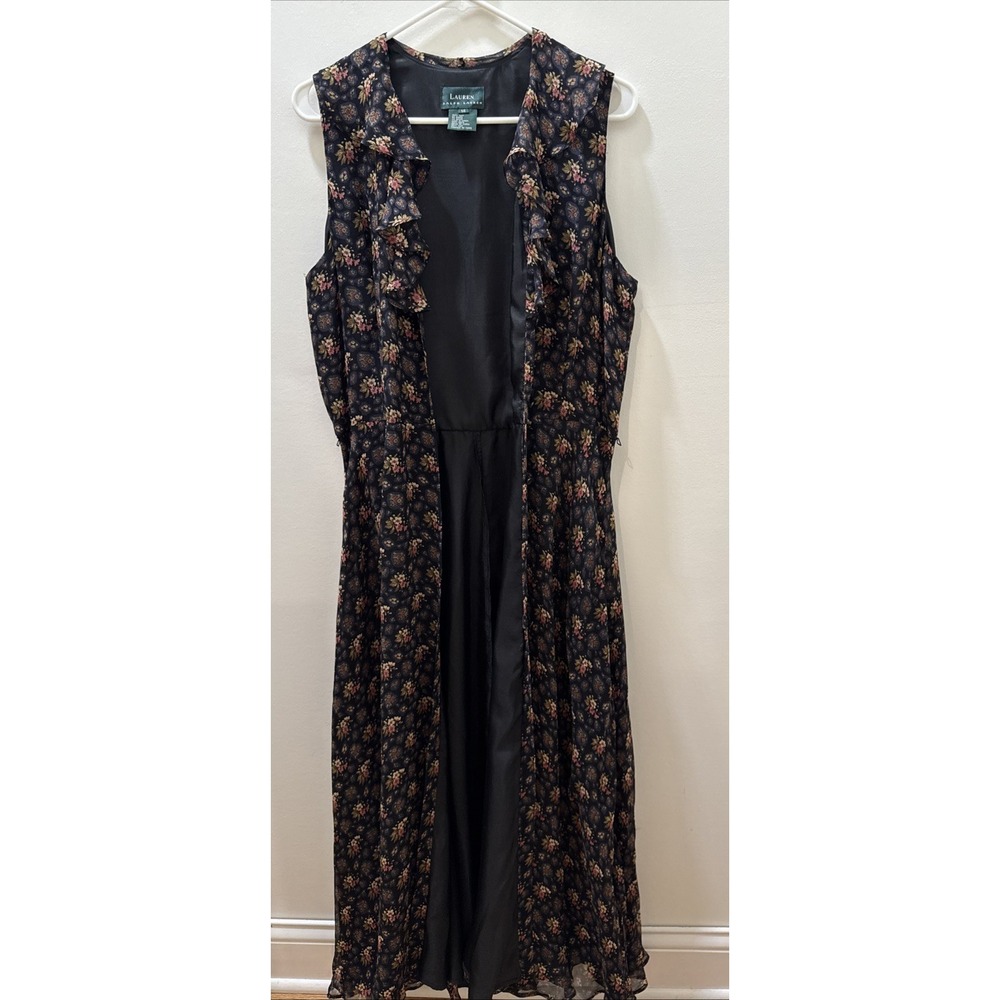 Ralph Lauren 100% Silk Long Floral Print FrontButton Down Sleeveless Dress Sz 14